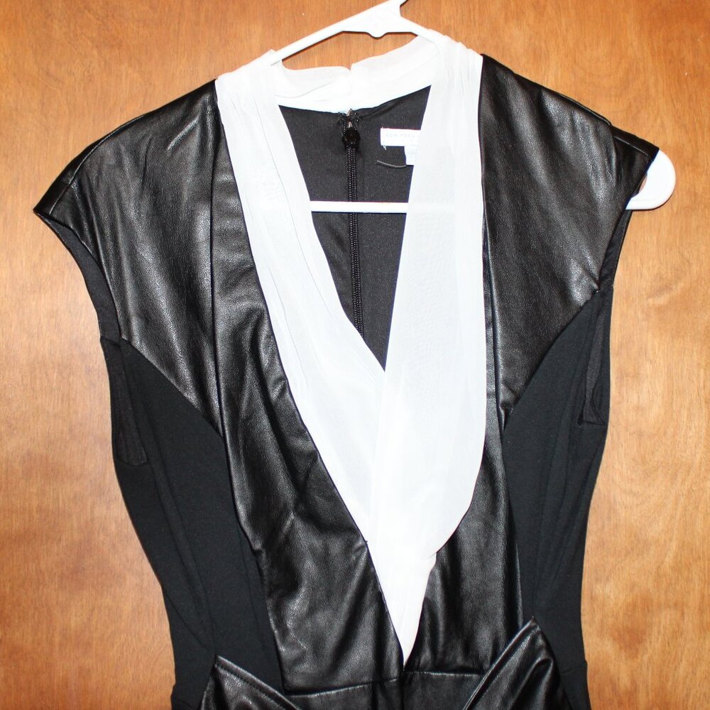 New York & Company Faux Leather Panel Bow Waist Dress Black White Size M